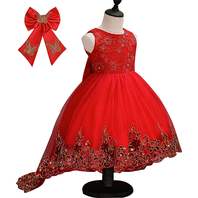 

Trailing Party Dresses for Girls Wedding Flower Girl Dress Elegent Kids Princess Sleeveless Clothes Red/White/Pink