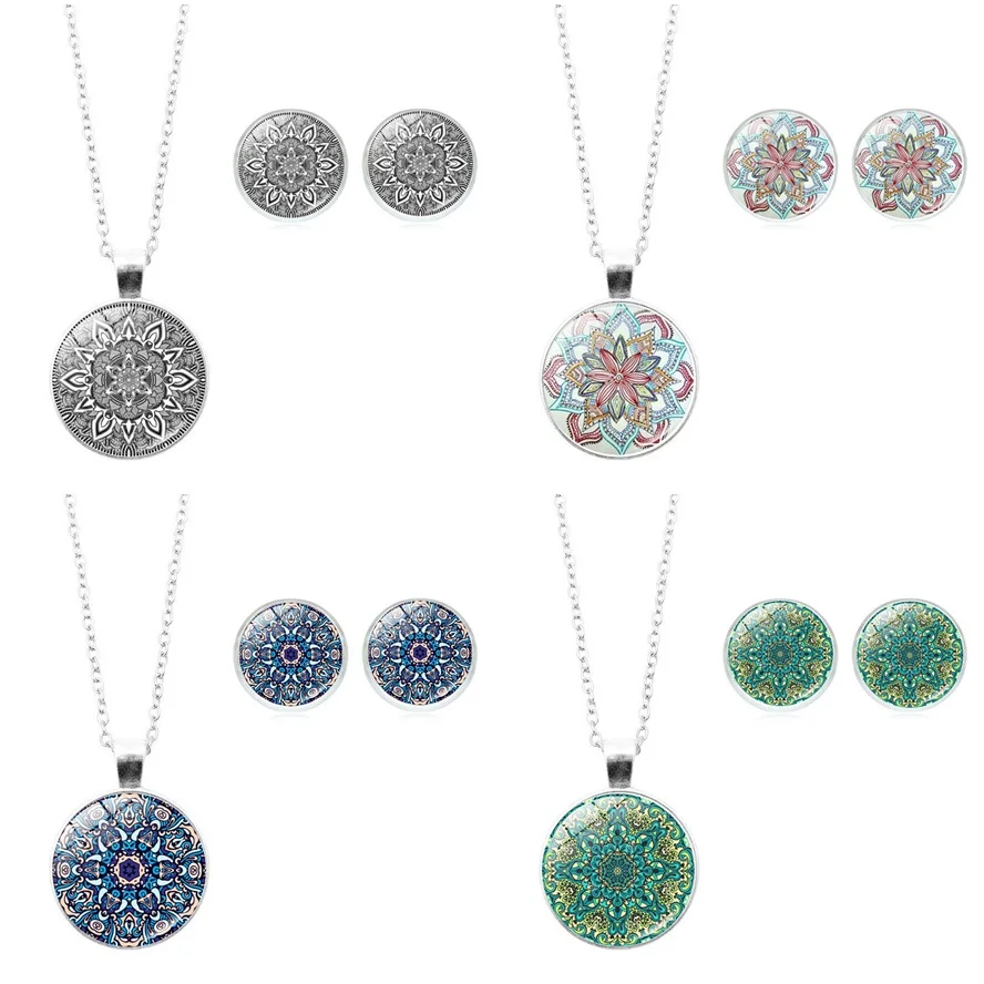

12 Colors Glass Cabochon Jewelry Sets Vintage OM Symbol Buddhism Zen Art Picture Glass Necklace Stud Earrings Set drop shipping