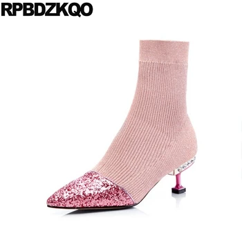 

stiletto shoes high heel ankle knit sock quality pointed toe 2018 pink women boots medium glitter slip on sequin rhinestone