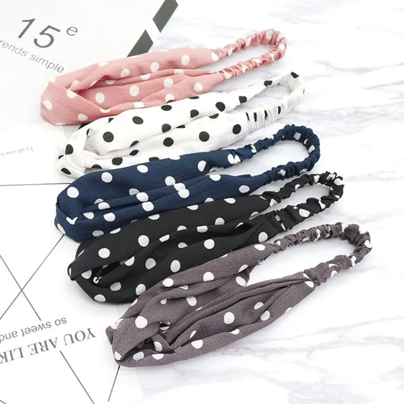 

Women Sweet Girls Vintage Polka Dot Printed Headband Literary Style Elastic Wide Hairband Cross Knotted Shower Makeup Turban