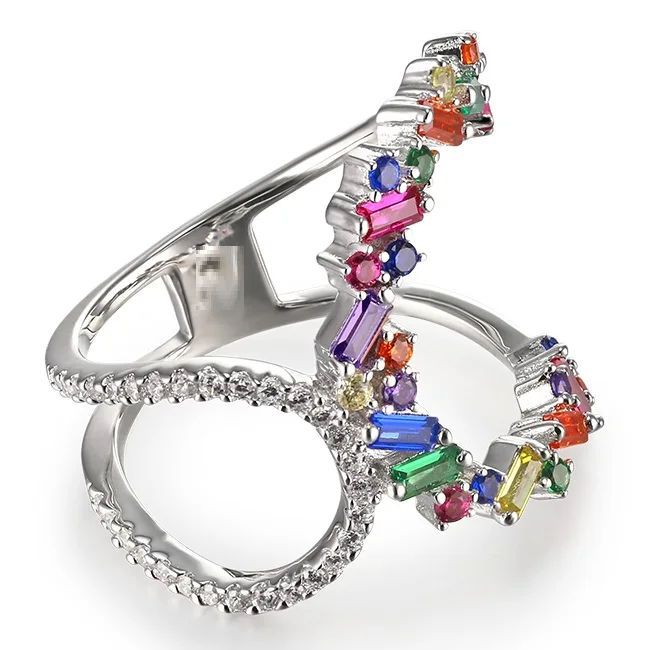 

Colorful Cz Finger Ring Style Fashion Baguette Rainbow Ring Silver Color Sparking Bling Colorful Stone Ring Jewelry For Wedding