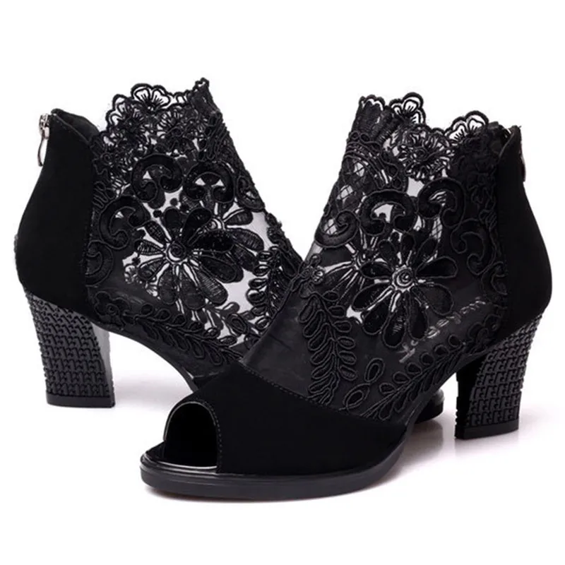 Летние женские ботильоны на высоком квадратном каблуке Botines Mujer Кружевная обувь