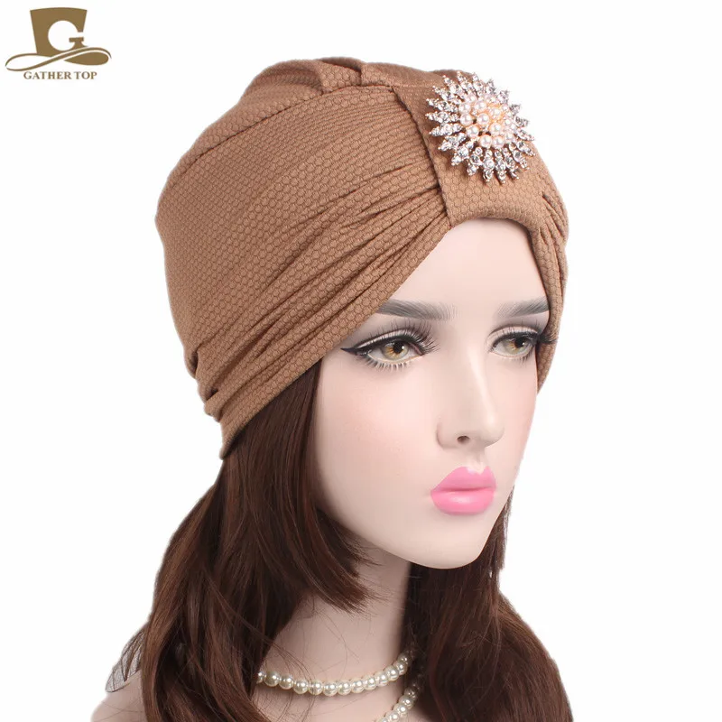 New women luxury knotted Turban with pearled metal brooch Indian cap