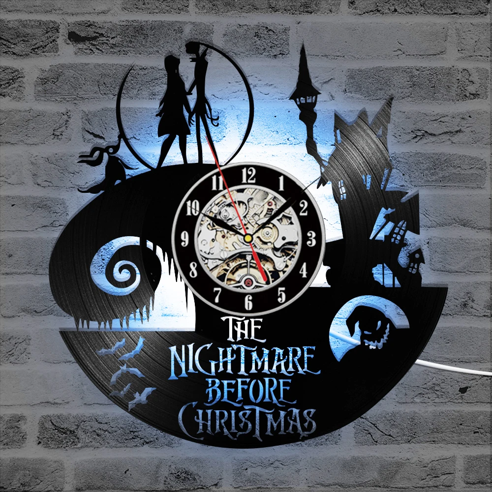 Кошмар перед Рождеством тема CD Запись часы 3D Джек и Салли фильм подвесной светодиодный настенные часы креативные антикварные часы