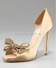Luxury Design Wedding Shoes Women Rhinestone Bowtie High Heels Dress Scarpe Huarache Open Toe Zapatos Mujer Large Size Sapatos