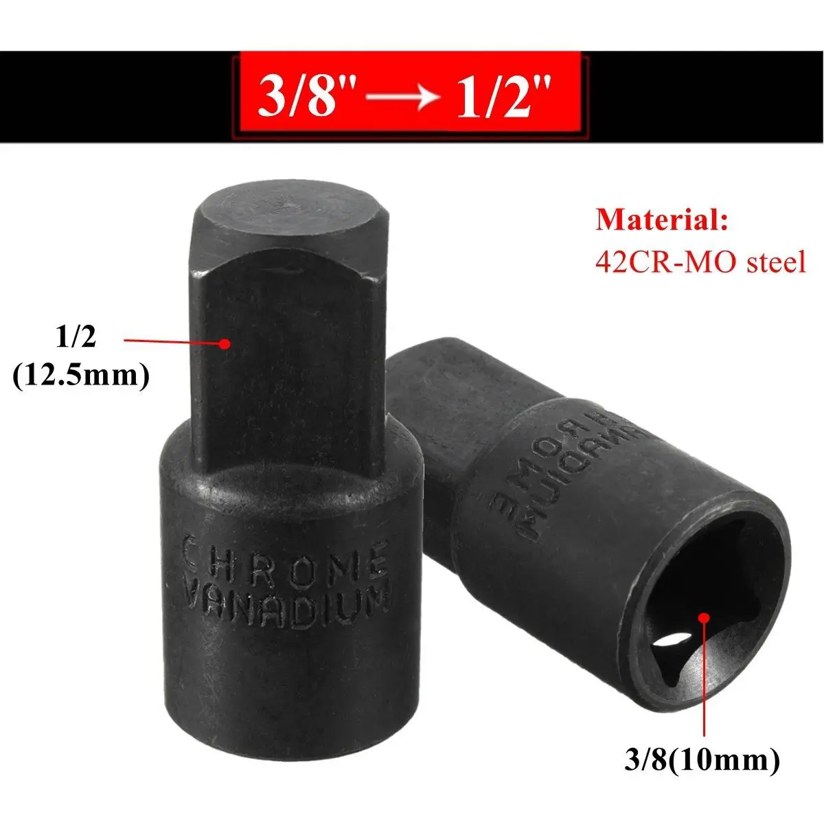 1pc 3/8 to 1/2 inch Drive Socket Reducer Air Impact Heavy Duty Ratchet Adapter Black