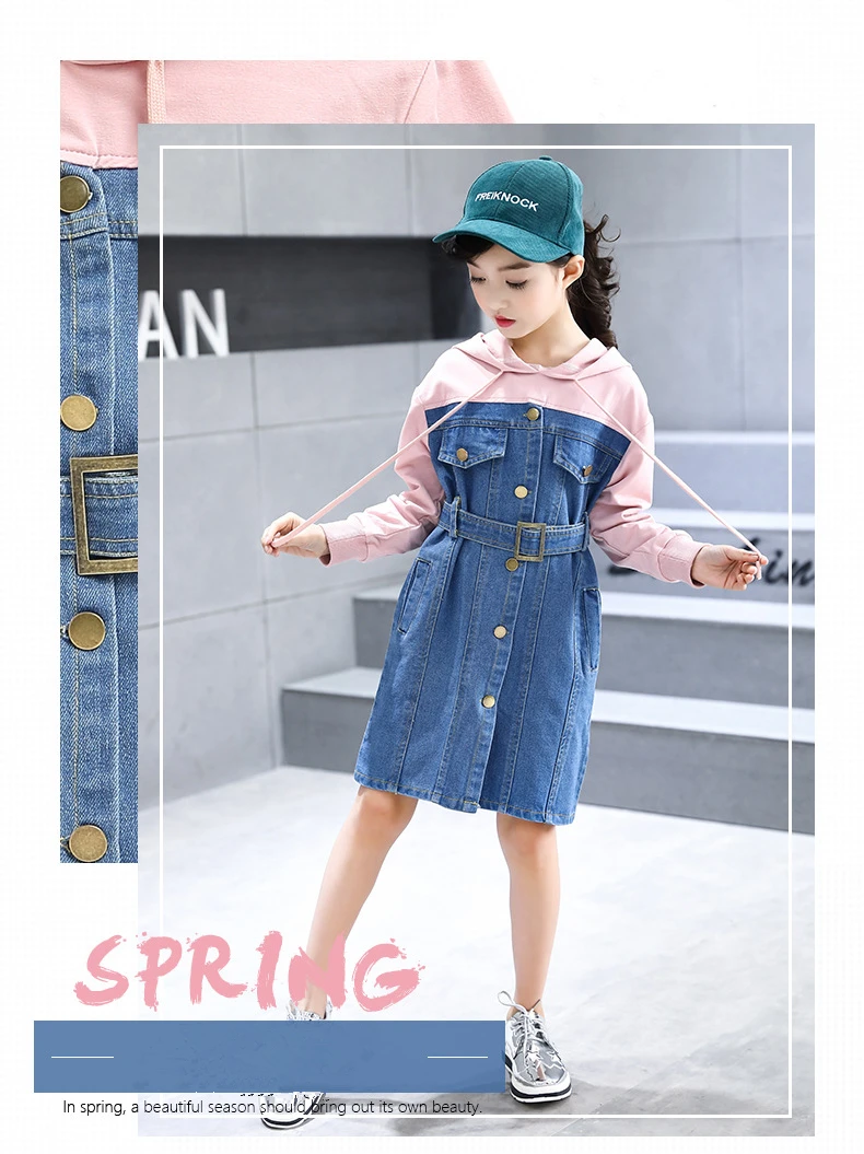 2018 New Casual Girl Dresses Fashion Spring Autumn Long Sleeve Children Clothing Teen Hooded Denim Kids Dress For Girls 14 Years (1)