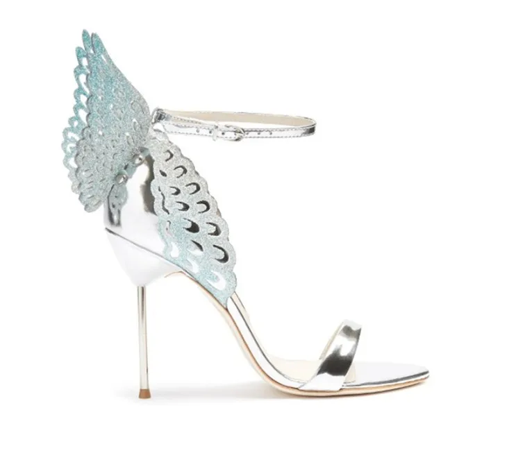 

2018 Women Sandals Brand Runway Star Shoe Wing Decor Woman Stiletto High Thin Heel Open Toe Buckle Luxury Glitter Sapato Feminio