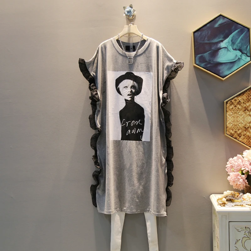 

[EWQ] 2019 Spring Summer Pattern Round Collar Short Sleeve Character Sleeve Patchwork Pullovers Casual Loose Dress Women AG530