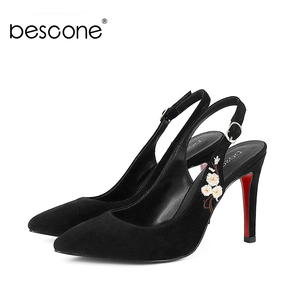 BESCONE Sexy Pointed Toe Woman Sandals High Quality Kid Suede Embroider For Female Shoes 10cm Thin Heel Buckle Strap Sandals A47