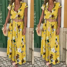 Женское цветочное Бохо длинное платье с коротким рукавом с высокой талией элегантное женское праздничное летнее пляжное повседневное Открытое платье