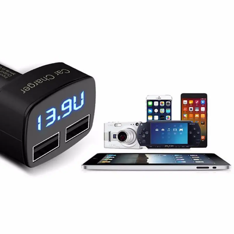 

4 In 1 Dual USB Car Charger Adapter Voltage Temperature And Current Meters