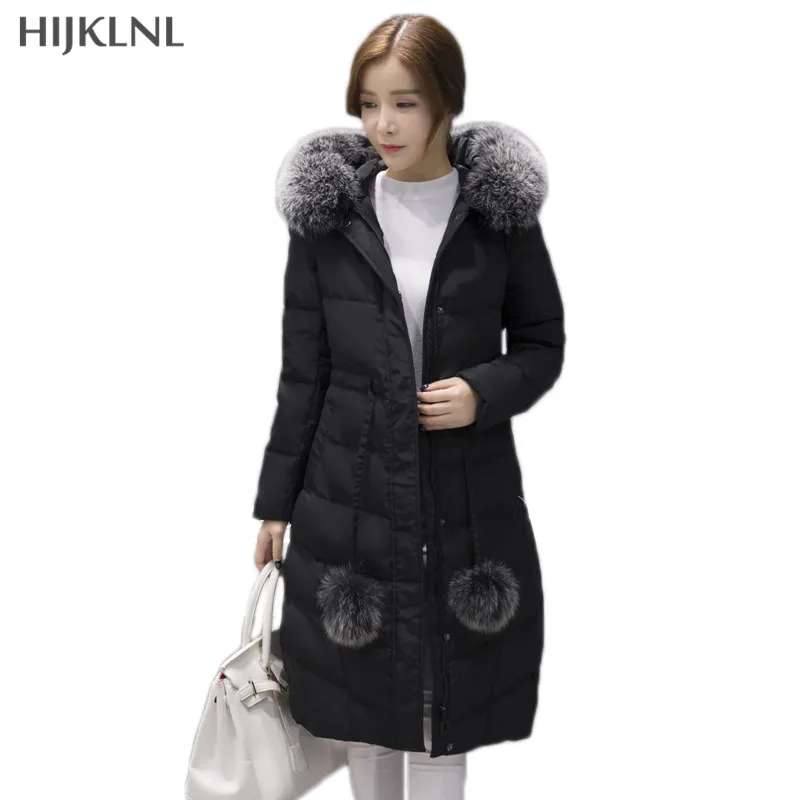 

HIJKLNL Women's Down Jacket 2019 New Winter Real Fox Fur Hooded Slim Long Duck Down Jacket Women Warm Coat Parka Overcoat LH1144
