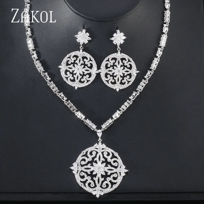 

ZAKOL Newest Big Round Cubic Zircon Micro Inlay Necklace Earrings Jewelry Set for Women Fashion Wedding Dinner Dress FSSP458