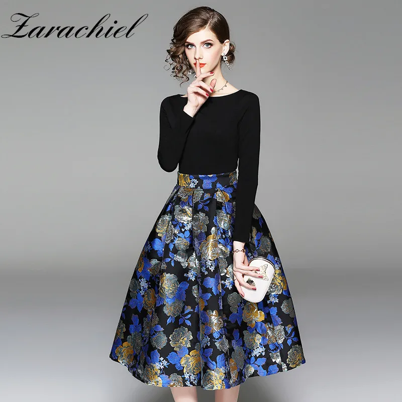

New Spring 2019 Women's Fashion Runway Round Neck Long Sleeve Jacquard Patchwork Dress Office Lady Slim Fit and Ball Gown Dress