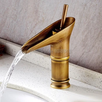 

Retro Antique Brass Finish Bathroom Basin Faucet Deck Mount Washbasin Faucet Single Handle Sink Mixer Tap Waterfall Spout Wan052
