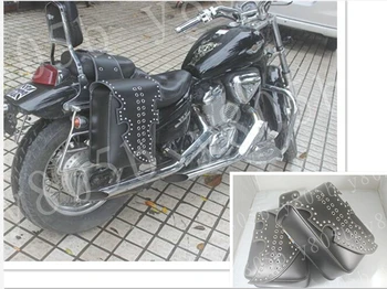 

Rivet Black PU Leather Side Bag Saddle Bags For Honda Yamaha Suzuki Kawasaki Street Bobber Custom Chopper Cruisers Street Bike