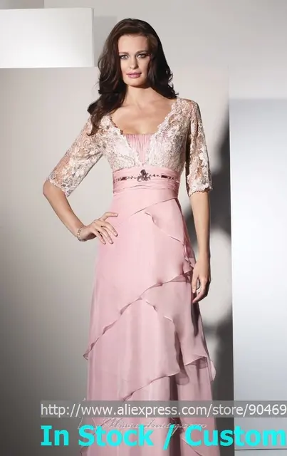 Layered 3/4 Lace Sleeves Mother of the Bride Dress Pink Blush Chiffon ...