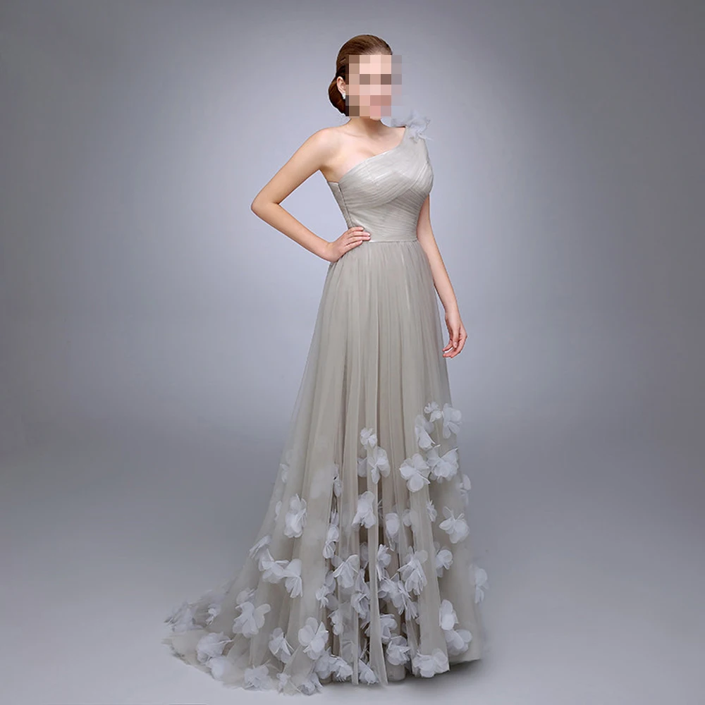 Ladies Popular Dress A Line robe de soiree One Shoulder vestido de festa longo Flowers Prom Tulle Long Bridesmaid Dresses $99 (1)