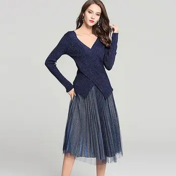 

Autumn Women Bright Silk Irregular Knitted Long Sleeve V Neck Sweater Top Skirt Suits + Fashion Mesh Pleated Suits Two Peice Set