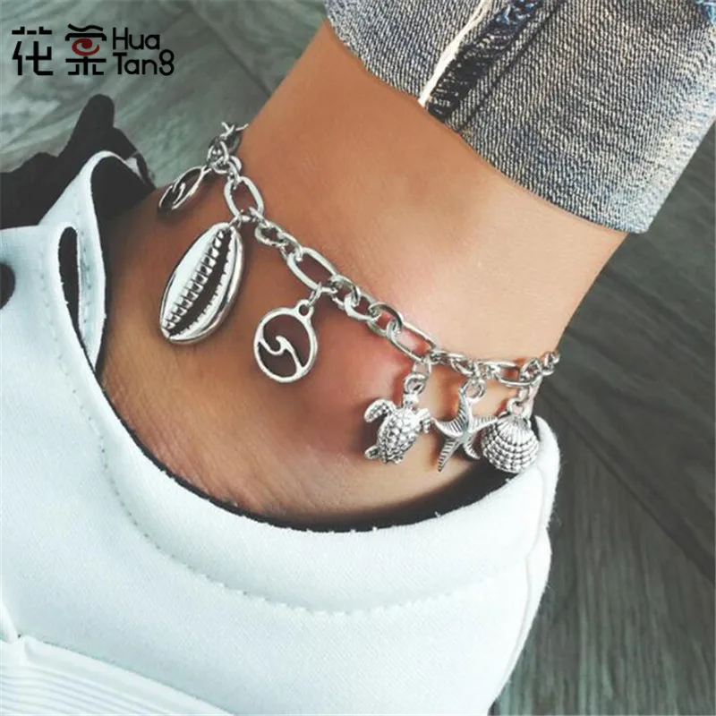 

HuaTang Beautiful Ocean Starfish Conch Shell Pendant Anklets Silver Color Geometric Foot Chain Charm Anklet Jewelry Statement