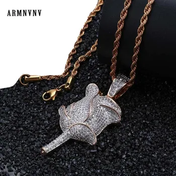 

ARMNVNV Rose Flower Petals Necklace & Pendant With Rope Chain Iced Cubic Zircon Men's Hip hop Jewelry For Gift