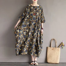 Летнее платье больших размеров женское платье Свободные повседневные платья Винтажные льняные вечерние платья с принтом
