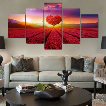 

5 Panel Canvas Print Pictures Wall Art Framework Red Heart Tree Flower Field Painting Poster Modular Home Decor Living Room