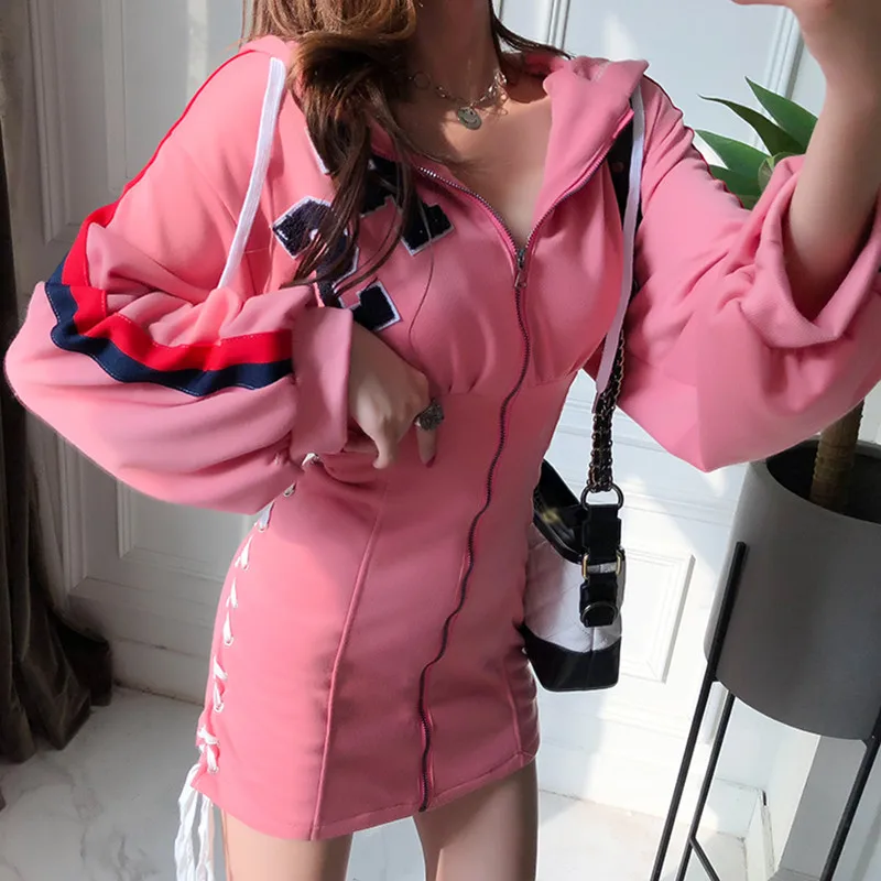 

women's dress 2019 Fashion Korean summer dress sexy side cross strap high waist slim woman dress vestidos hooded sweater dress
