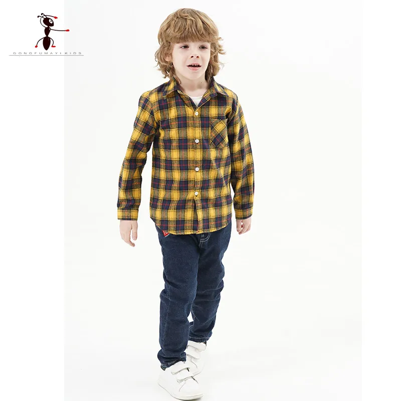 Hot Sale 100%Cotton Baby Boy Shirt Turn-down Collar Flannel Baby Blouse Tops Plaid Baby Shirts For 2-12 Years Old Kids Shirts - Цвет: yellow