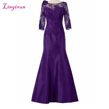 

Linyixun Real Photo Lace Mother Of The Bride Dresses With Jacket 2017 Satin Scoop Three Quarter Sleeve Long vestido de madrinha