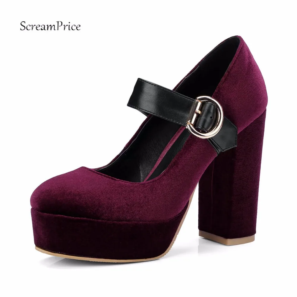 

Fashion Velvet Chunky High Heels Platform Buckle Women Pumps Round Toe Casual Shoes Black Khaki Blue Wine Red