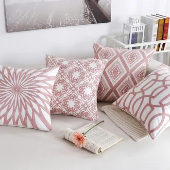 

Nordic Pink White Striped Geometric Embroidery Cushion Cover Polyester Cotton One Side Home Square Embroidered Pillow Cases