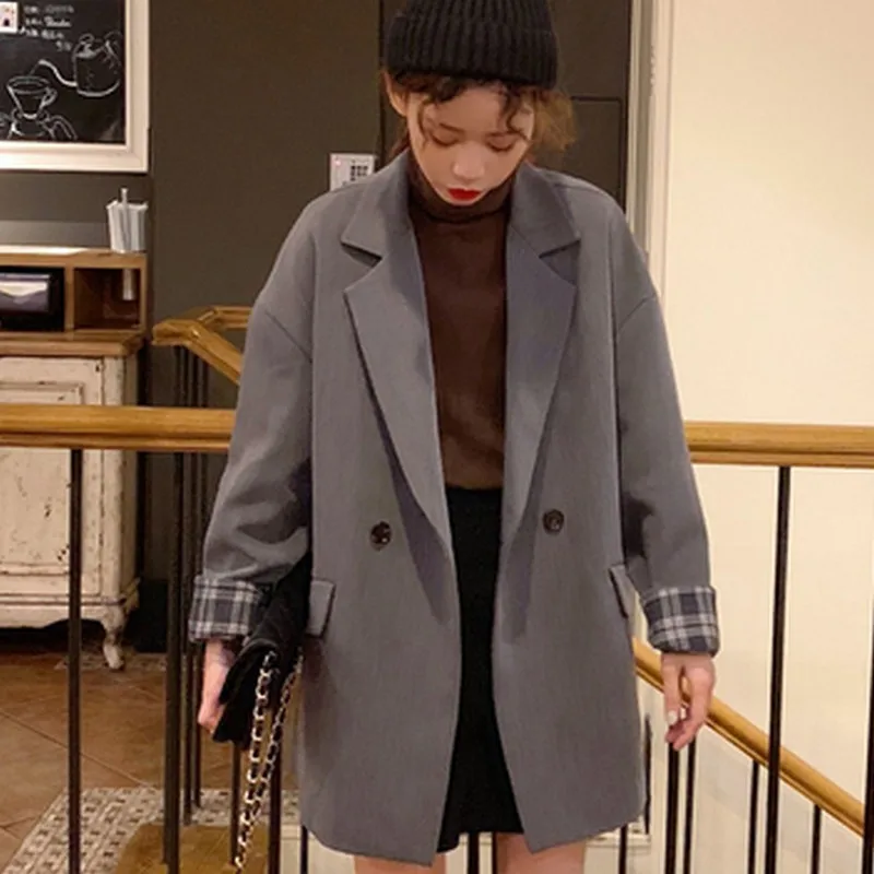 2019 Spring New Casual Loose Women's Blazer Solid Color Women's Jacket Long Sleeve Blaser Feminino Double Buckle Blazer Women 2019 Spring New Casual Loose Women's Blazer Solid Color Women's Jacket Long Sleeve Blaser Feminino Double Buckle Blazer Women