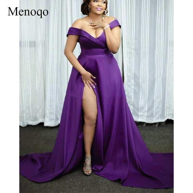 Menoqo фиолетовые Вечерние платья с открытыми плечами Атлас Разделение сбоку Длинные Простые Выпускные платья индивидуальный заказ