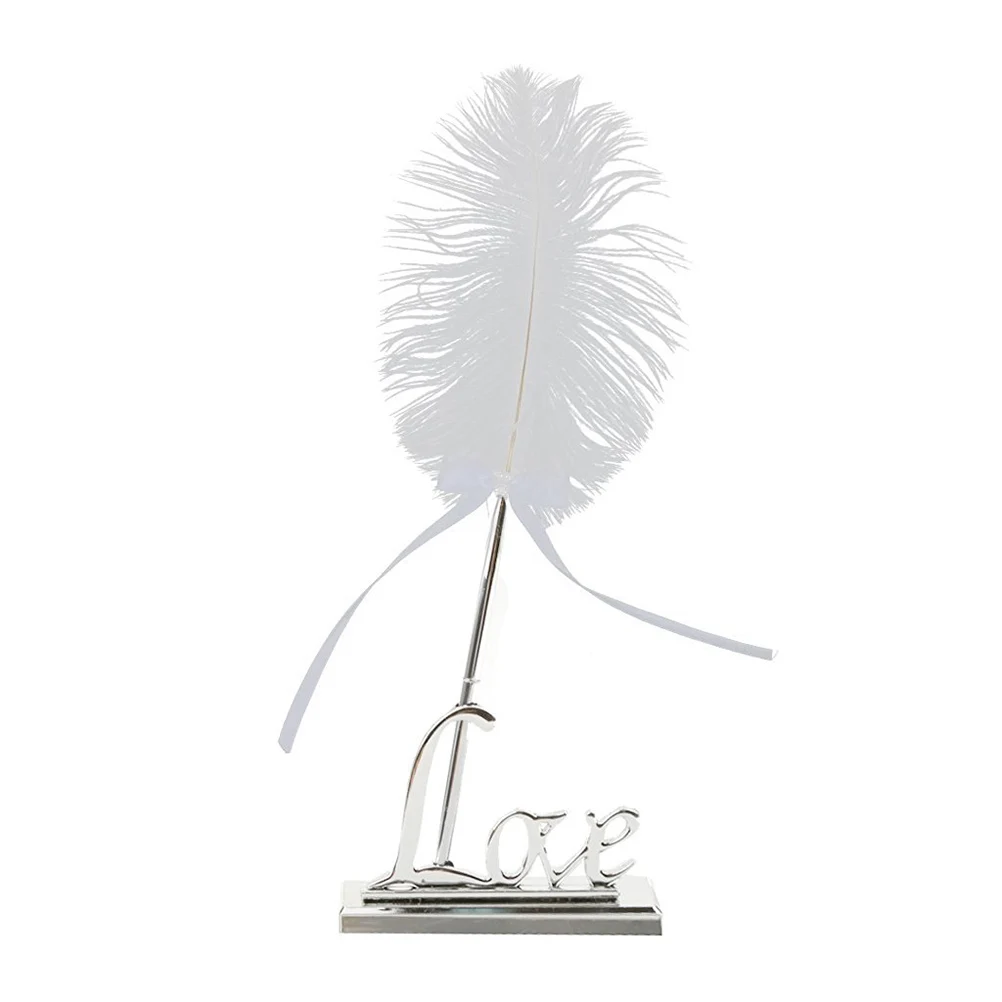 

White Feather Signing Pen with Gold Plated Metal Love Holder Wedding Pen Set (Silver)