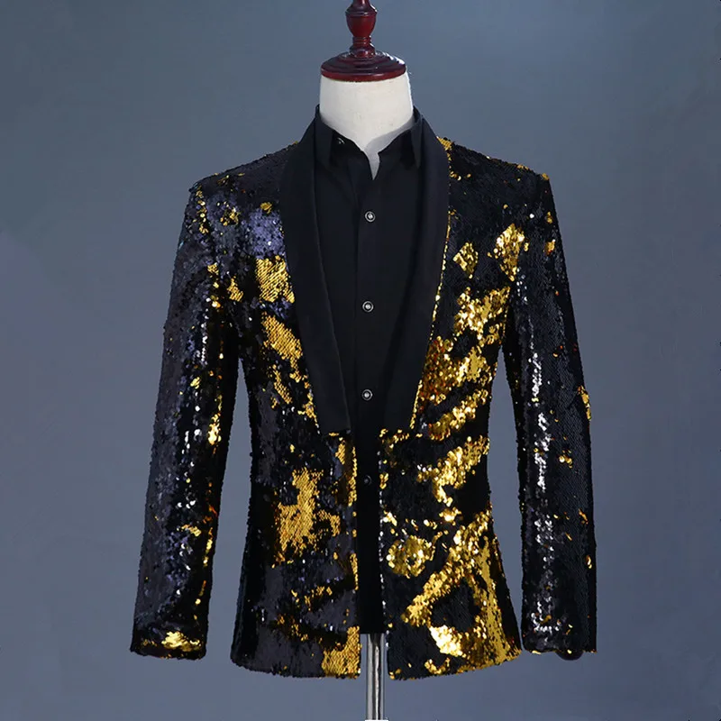 Sparkly Sequins Men Blazer Bar Male Singer Nightclub Stage Shawl Collar Suit Jackets Wedding Party Banquet Shiny Tuxedo Blazers
