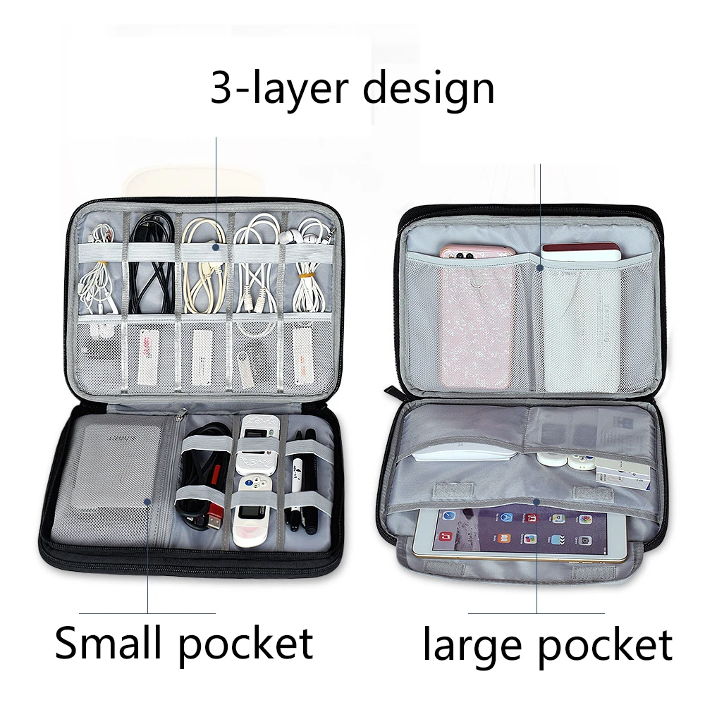 Waterproof Electronics Accessories Organizer Travel Bag Tablet Storage Case for iPad Mini Air 2 Phone Charger Power Bank Cable