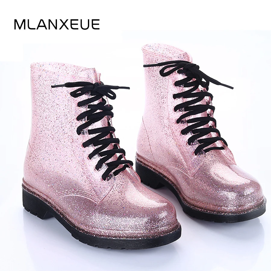 Meilleur MLANXEUE Transparent Femmes Martin Bottes Impression De Gelée Bottes Chaussures Femmes Bottes de Pluie Claires Brillant Dentelle up Fleur Motif Lady bottes