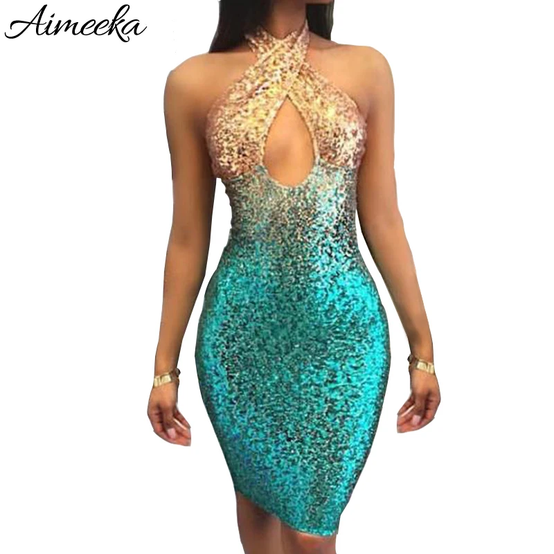 Aimeeka 2017 Chic Summer Dress New Sequined Sleeveless Bodycon Dresses Muliti Color Cross Halter Clubwear Sequin
