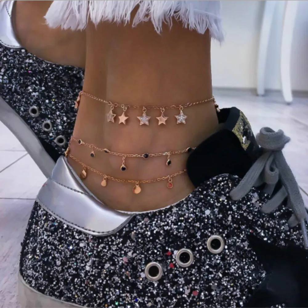 3 Pcs/set Women Fashion Crystal Star Pendant Black Gems Gold Chain Anklet Set Bohemian Charm Beach Accessories Christmas Gift | Украшения и