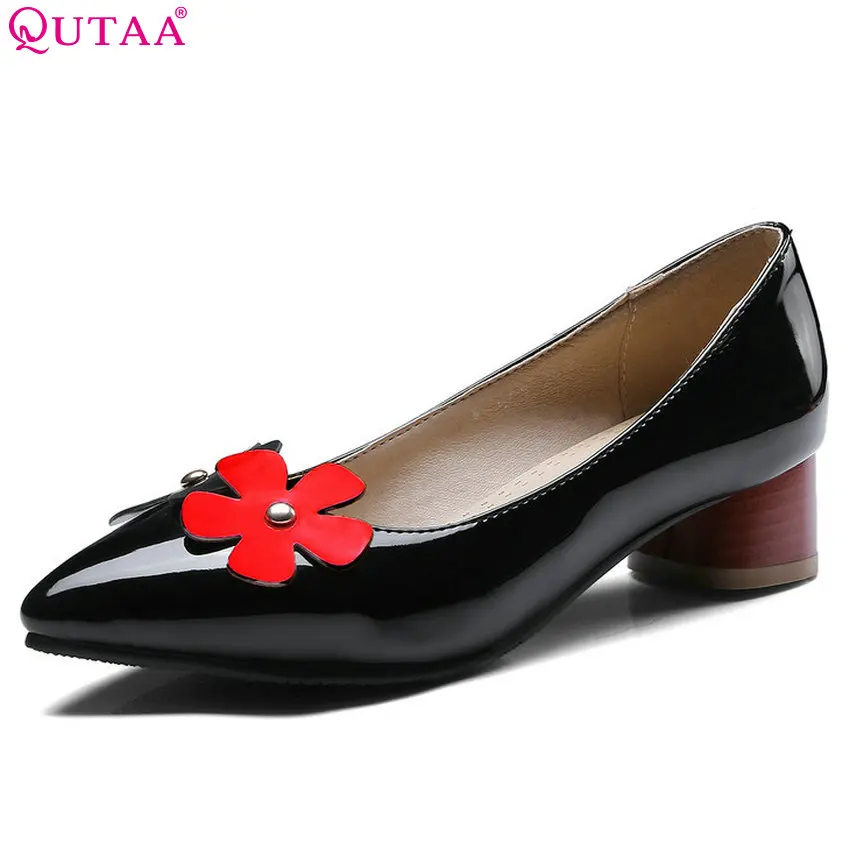 

QUTAA 2018 Women Pumps Patent Leather Fashion Women Shoes Platform Square Mid Heel Pointed Toe Women Wedding Pumps Size 34-43
