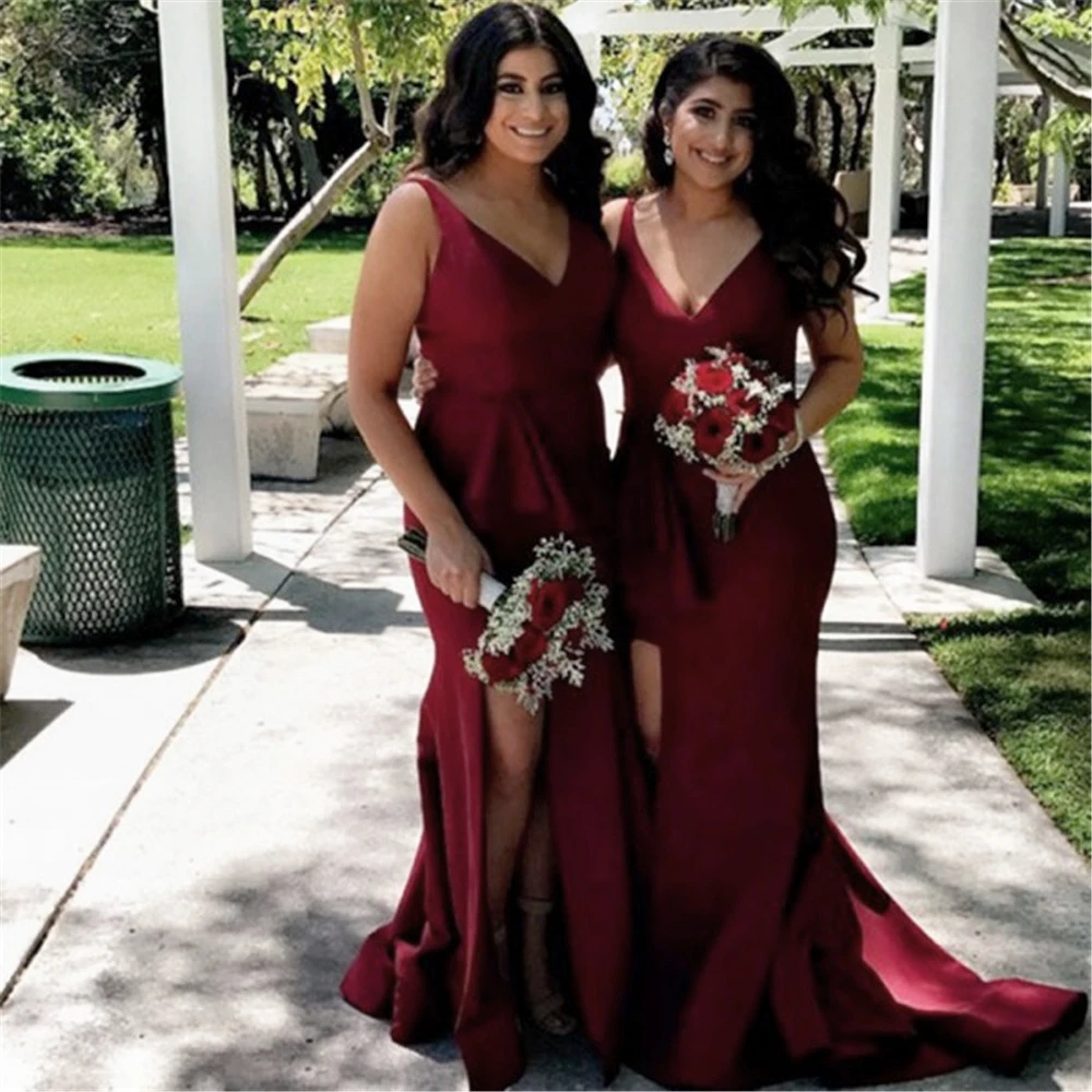 

High Quality Burgundy Satin Mermaid Bridesmaid Dresses High Split V Neck Long Elegant Wedding Party Gowns 2019 Cheap Women Dress