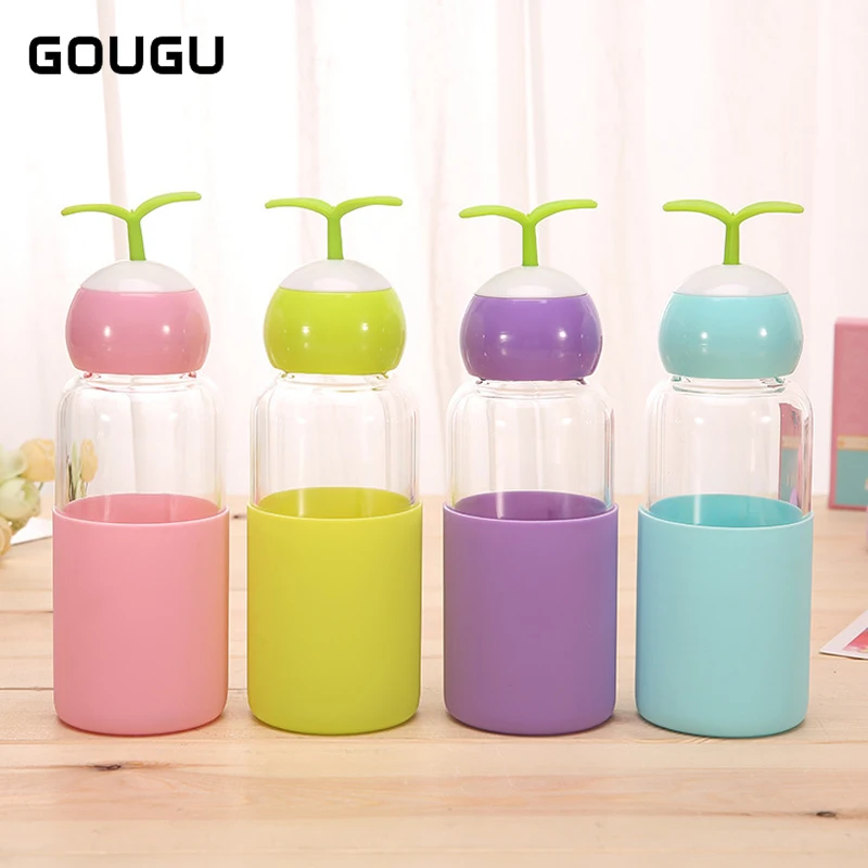 320ML Creative Portable Travel Glass Bottles Cute Bean Sprouts Lid