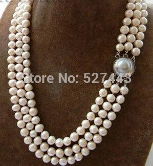 

Wholesale 3Strands 17-19'' 9mm White Round Freshwater Pearl Mabe clasp Necklace
