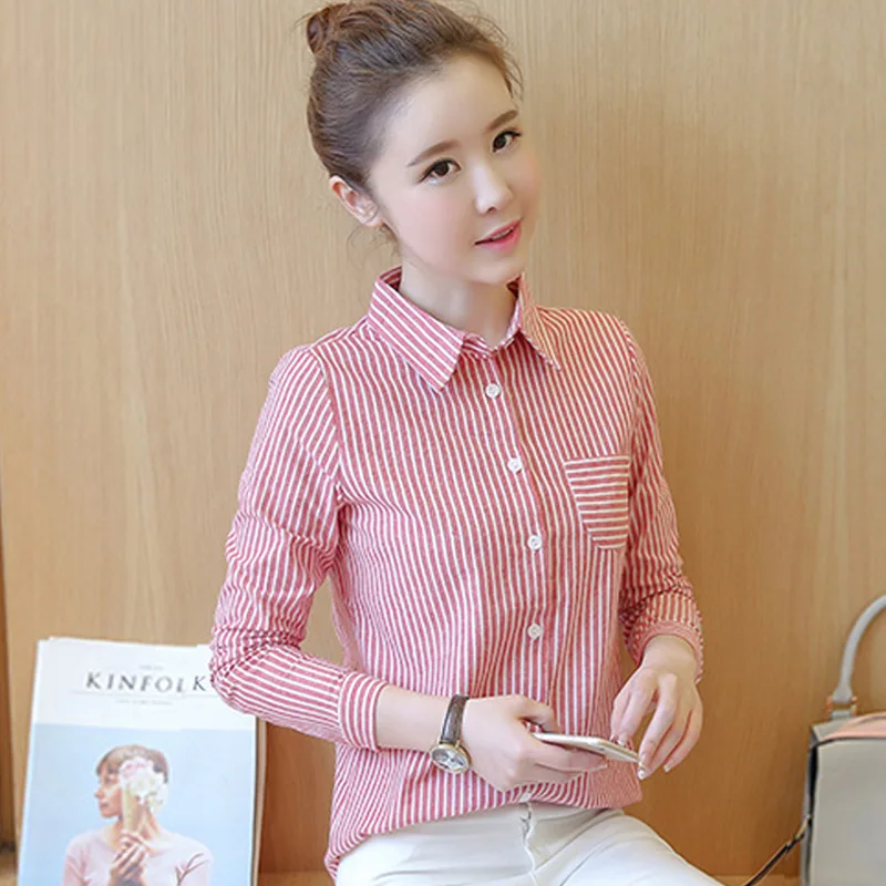 

New Cotton Checkered Plaid Blouses 2017 New Shirt Cage Female Long Sleeve Casual Slim Women Stripe Pocket Shirt Office Lady Tops