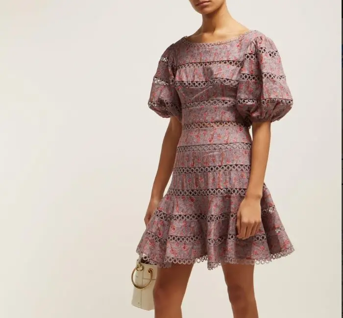 

Women's puffed sleeves crochet-lace inserts throughout lilac-purple linen Juniper Contoured Ring Floral Print Linen Ring dress