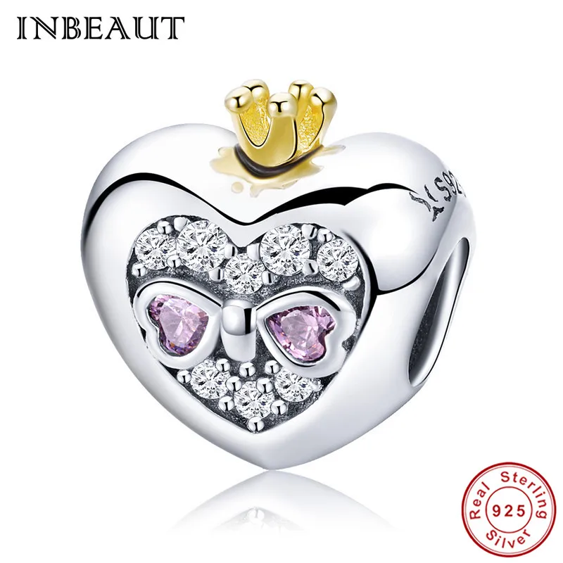 

INBEAUT 100% 925 Sterling Silver Double Pink Heart Zircon Bowknot Cubic Zirconia Princess Crown Beads fit Pandora Charm Bracelet
