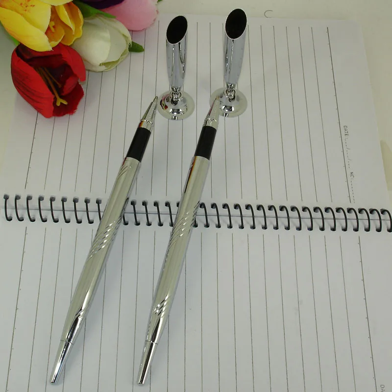  ACMECN Ballpoint Pen with Base for Teachers Table Pen sets Silver Ball Pen with Stand Classic Offic