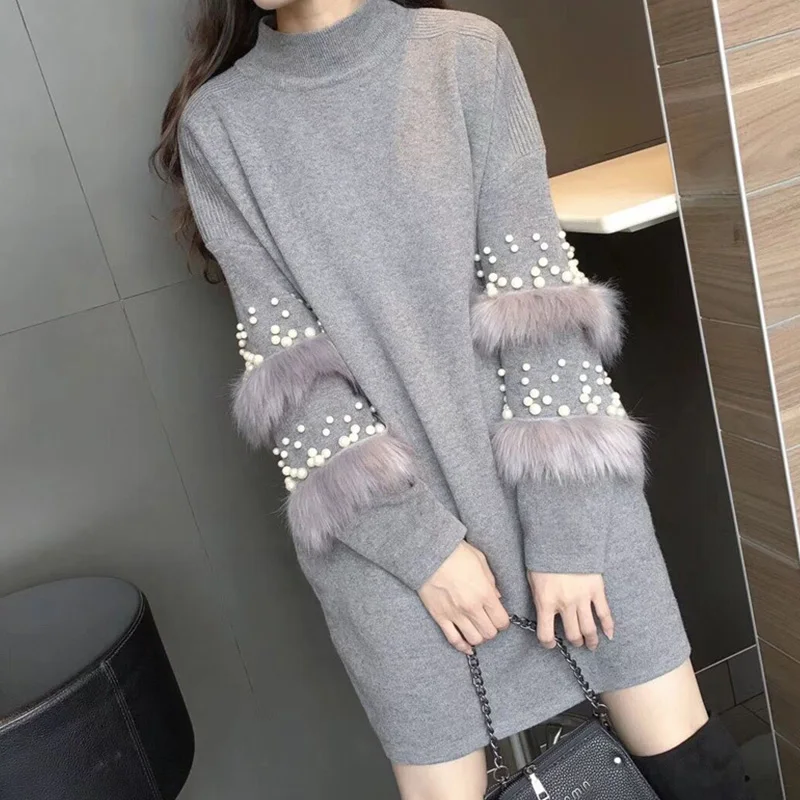 

New Women Long-sleeve Jumpers Sweater With Pearls Female Faux Fur Embellished SleeveTurtleneck Pull Casual Pullovers Tops